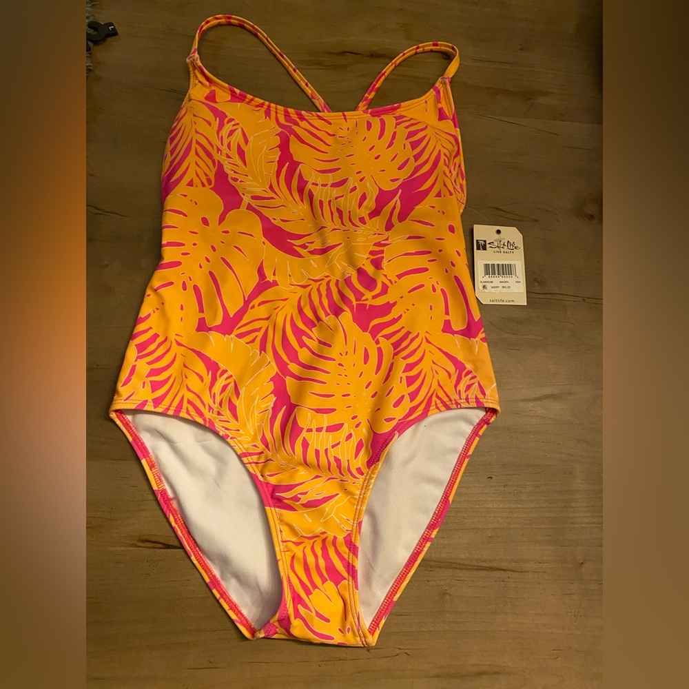 Salt Life Yellow and Pink Tropical Leaf One-Piece Swimsuit